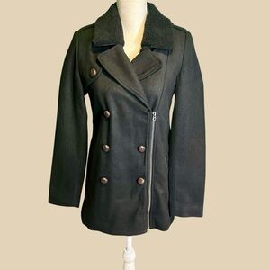 NWT Members Only Fur Collar Black Wool-Blend Double-Breasted Pea Coat Sz Small